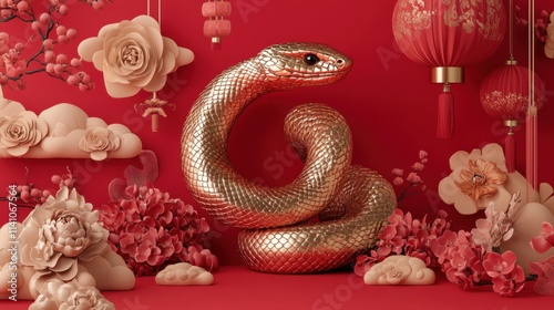 Golden Snake and Lunar New Year Decorations on a Red Background photo