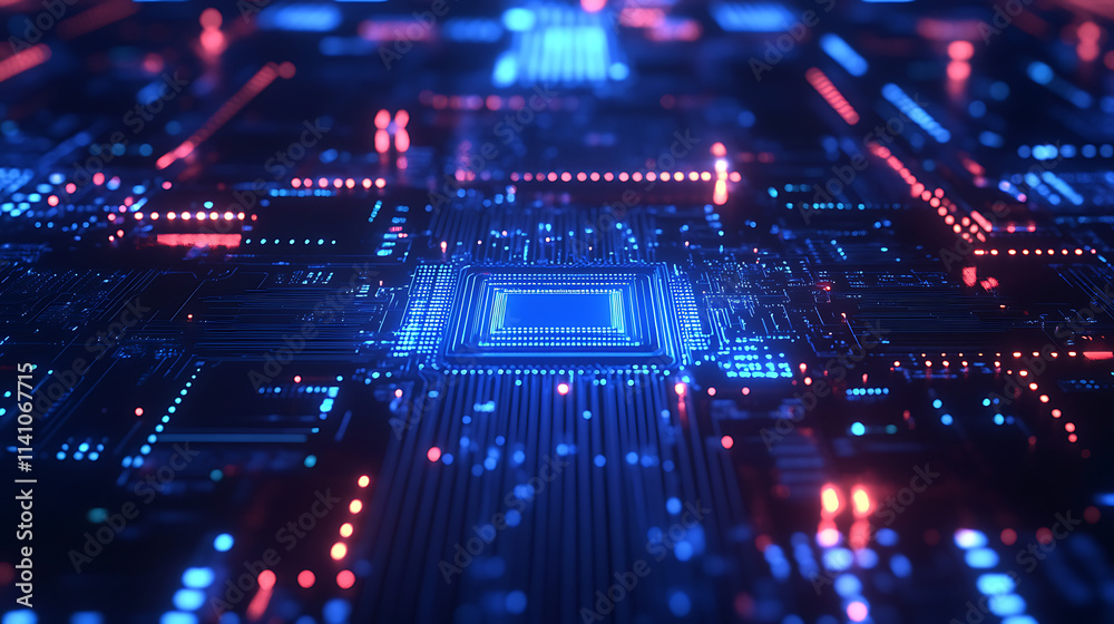 Fototapeta premium Abstract blue circuit board with glowing lights technology background