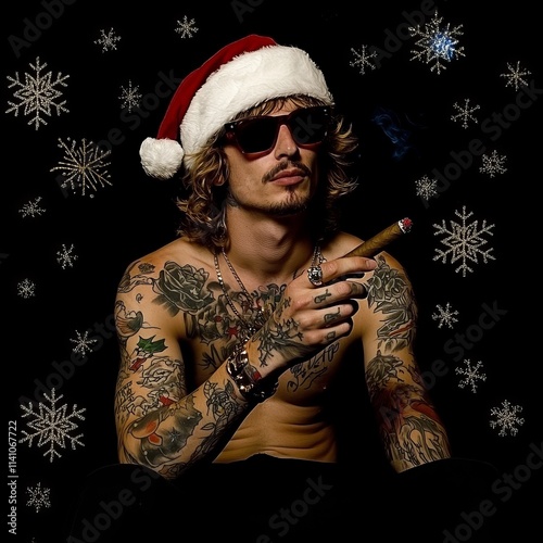 In a portrait, Santa Claus with heavy tattoos looks cool and gloomy.
