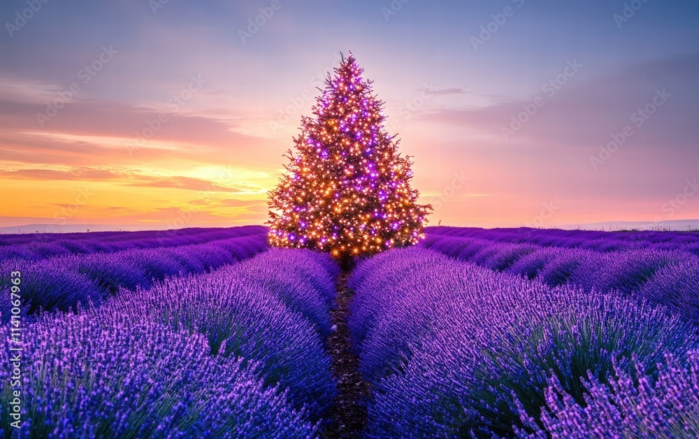 Obraz premium A festive Christmas tree standing in the middle of a lavender field at twilight, surrounded by blooming flowers