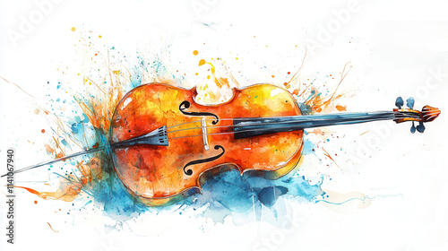 Wallpaper Mural A detailed upright bass, illustrated with dynamic orange, cyan, and deep blue hues in a free-flowing watercolor technique, realistic structure highlighted with vivid abstract accents. Set cleanly agai Torontodigital.ca