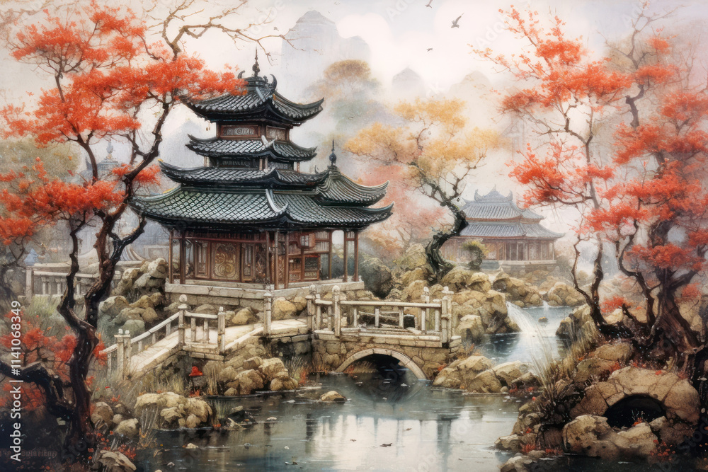 Obraz premium a traditional Chinese garden with a pavilion surrounded by autumn trees and a quiet pond 