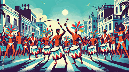 A group of samba drummers energetically playing traditional rhythms in the middle of a packed Rio Street, with people cheering and dancing around them, all under a brilliant blue sky