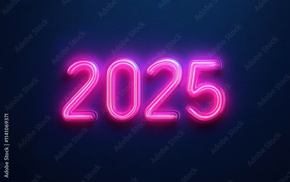 A glowing neon 2025 design in vibrant pink and blue tones, floating against a deep navy blue background A glowing neon 2025 design in vibrant pink and blue tones, floating against a deep navy blue background