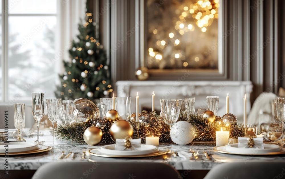 A luxurious holiday dining room with a marble table, gold accents, and a glowing centerpiece of candles and ornaments A luxurious holiday dining room with a marble table, gold accents, and a glowing centerpiece of candles and ornaments
