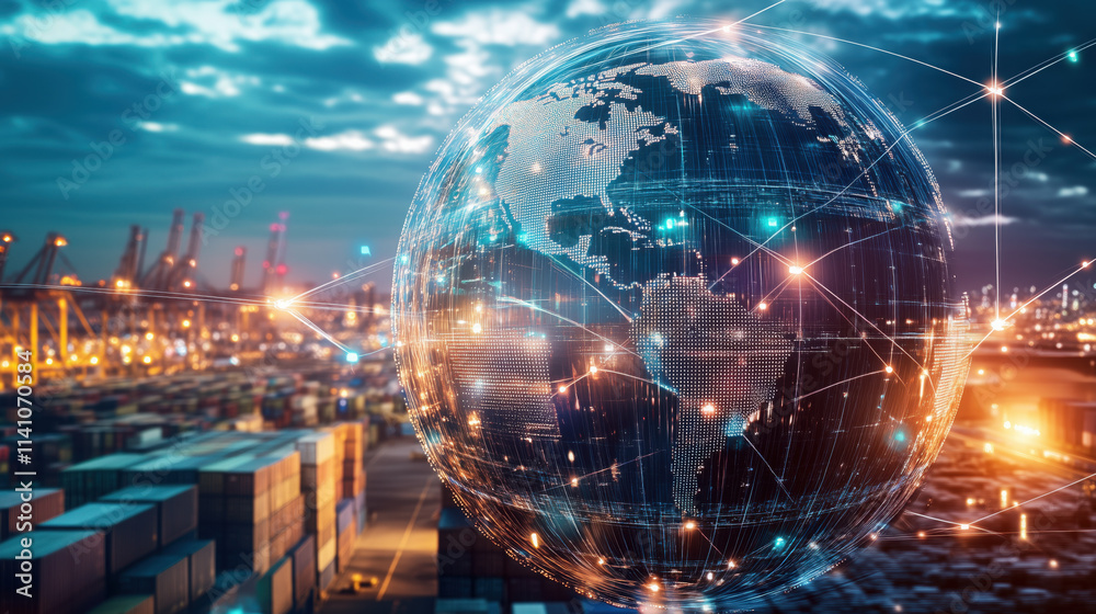 Fototapeta premium 3D Globe with Glowing Trade Links Representing Global Value Chains and Cross-Border Goods Flow
