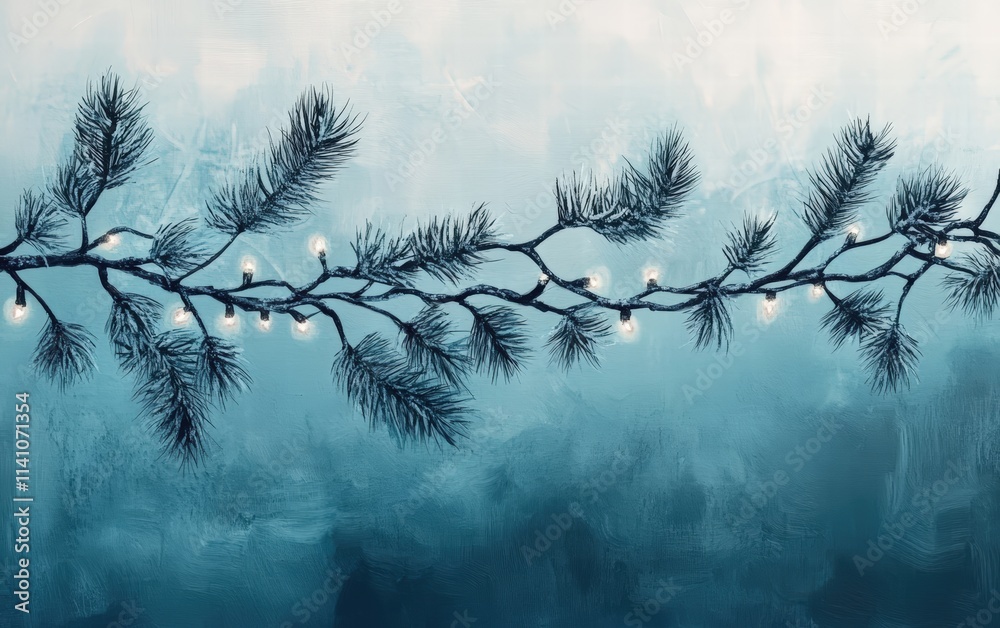 Obraz premium A serene winter scene with frosted pine branches and soft glowing fairy lights over a gradient of icy blues