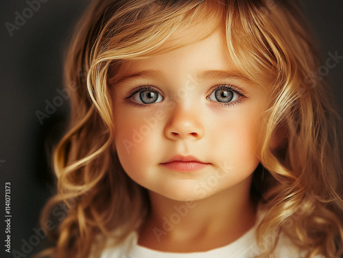 Little girl golden curls soft lighting calm expression. Close-up child portrait, childhood innocence photography