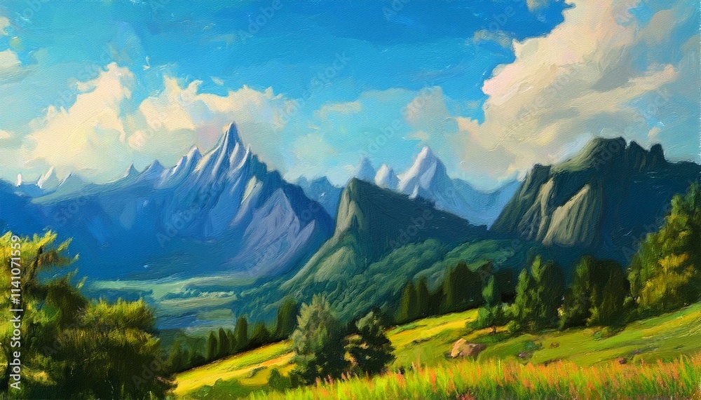 Fototapeta premium Painting view mountain at daytime. Generated image