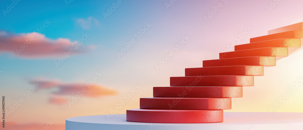 Obraz premium Radiant red stairs ascend into colorful sky, evoking sense of surreal beauty and wonder