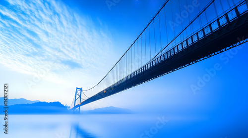 Suspension bridge over calm water at dawn, with blue sky and clouds.