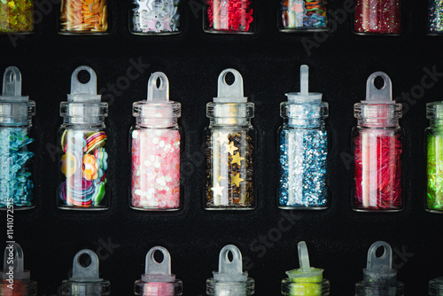 Collection of small jars arranged in rows, each containing different types of colorful glitter. Bottles are placed in a black foam holder. Arts, crafts, decoration, creativity concepts