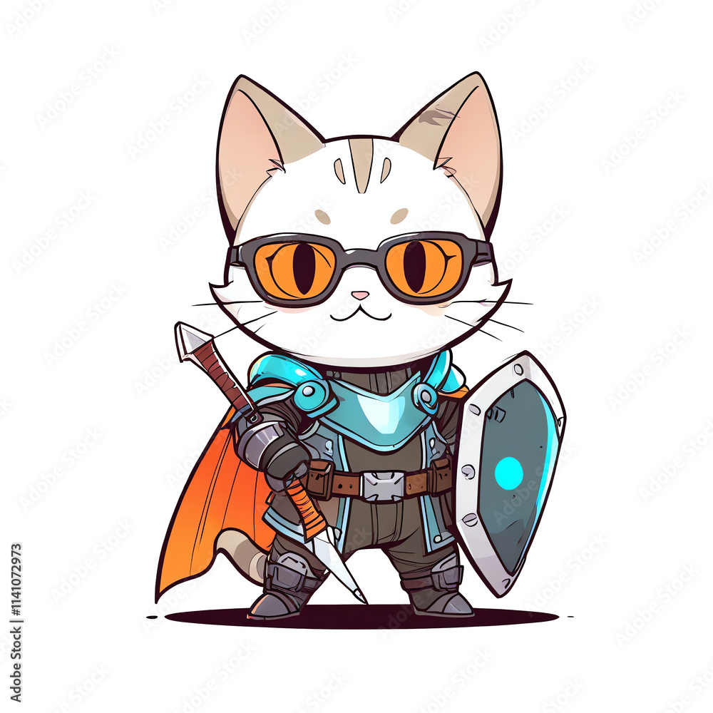 The Brave Knight Cat: A digital illustration of a cute, cartoon cat wearing knight armor, sunglasses, and wielding a spear and shield. The Brave Knight Cat: A digital illustration of a cute, cartoon cat wearing knight armor, sunglasses, and wielding a spear and shield.