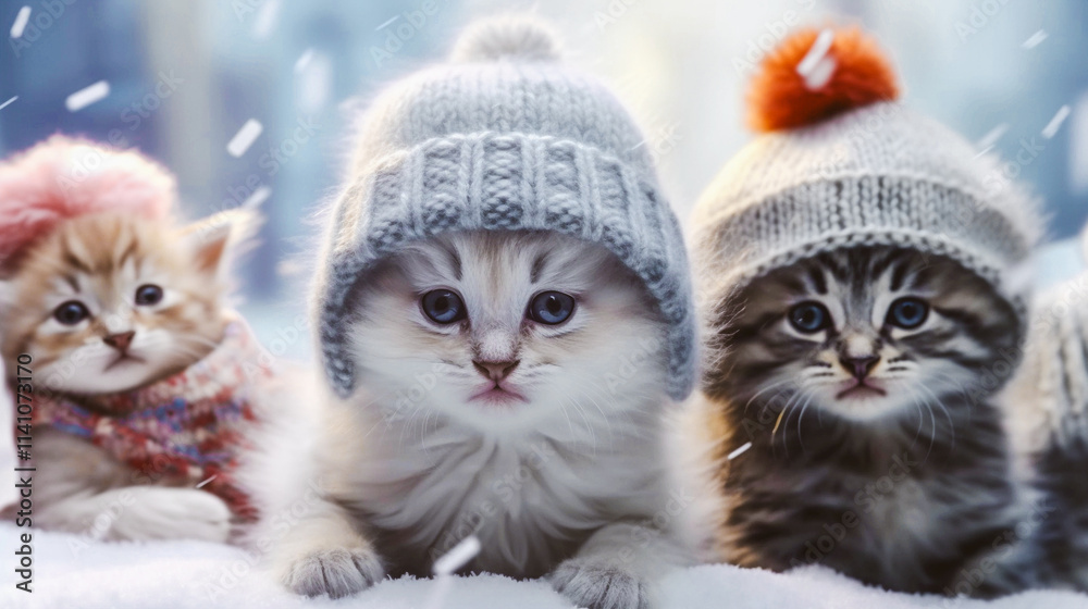Cute fluffy kittens wearing knitted hats and scarfs in winter forest. Pets on a wintry street Sad stray animals. Feline pets, cats Wintertime calendar Cute fluffy kittens wearing knitted hats and scarfs in winter forest. Pets on a wintry street Sad stray animals. Feline pets, cats Wintertime calendar