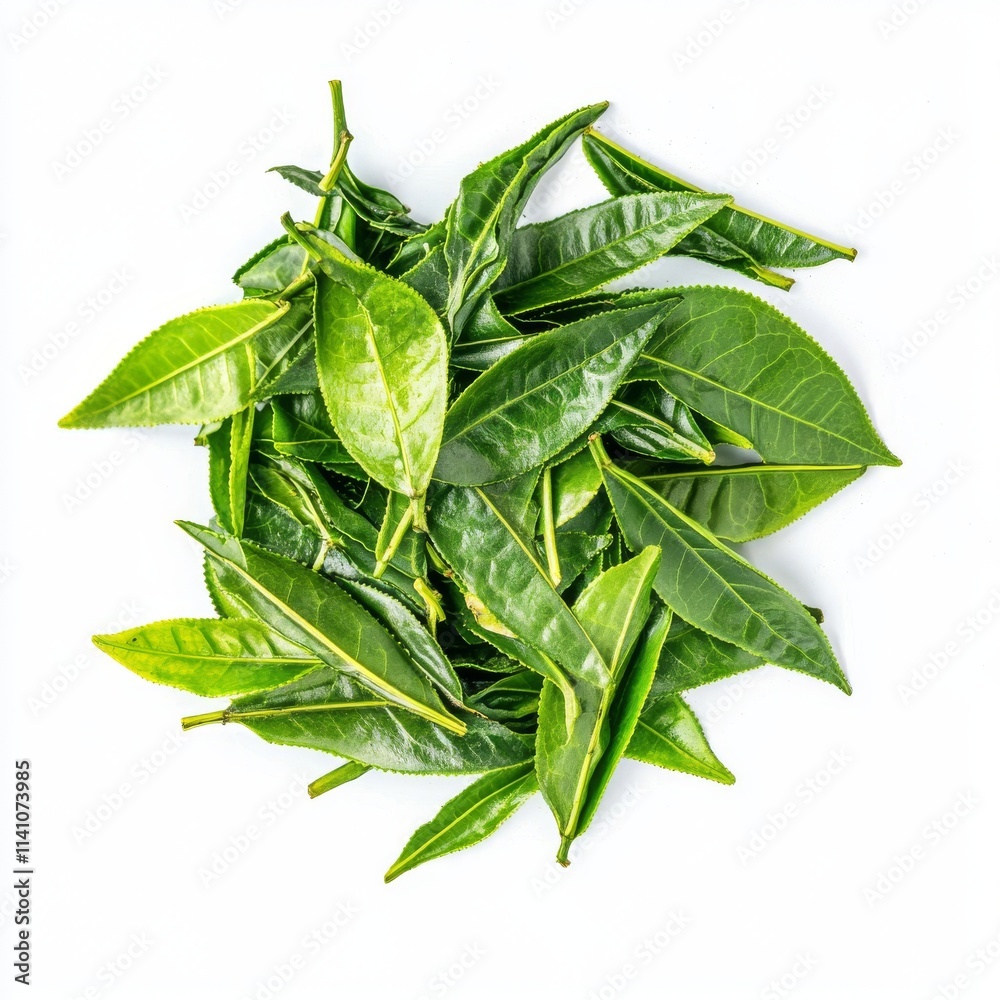 Obraz premium Isolated pile of fresh green tea leaves on a transparent background.A pile of pristine green tea leaves showcased on a clear background.Fresh green tea leaves arranged in a heap with a transparent