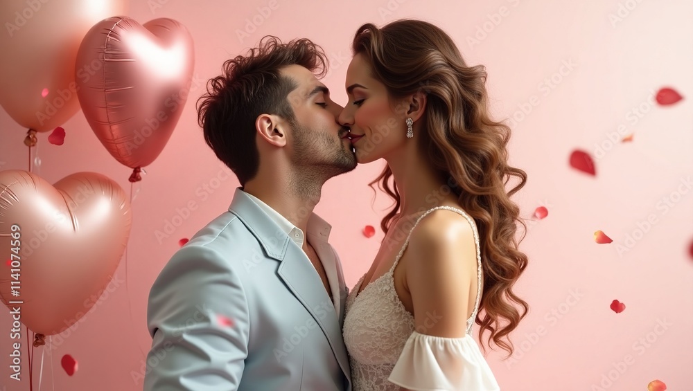 Fotografía de dos personas con globos de corazones rosados en fondo decorativo, perfecta para mensajes personalizados y celebraciones amorosas Fotografía de dos personas con globos de corazones rosados en fondo decorativo, perfecta para mensajes personalizados y celebraciones amorosas