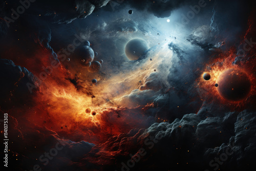 grand space scene with many planets and space objects surrounded by bright clouds of cosmic dust and gas.
