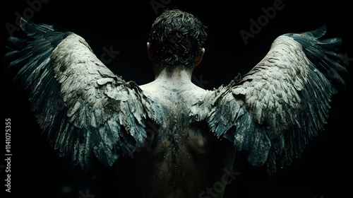 Man with dirty angel wings.