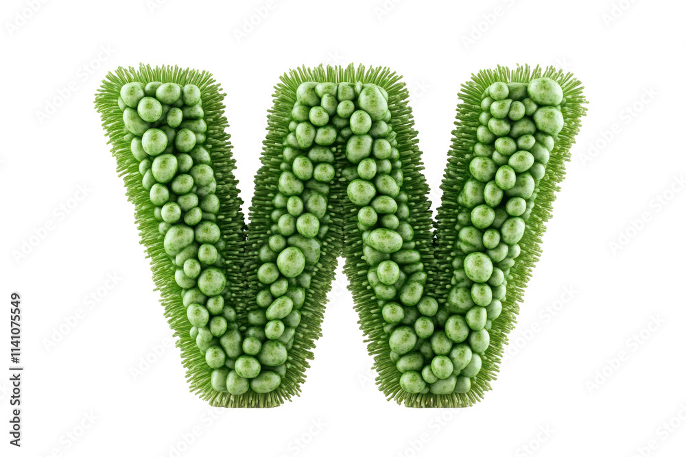 Green 3D letter W made of small green spheres. Green 3D letter W made of small green spheres.