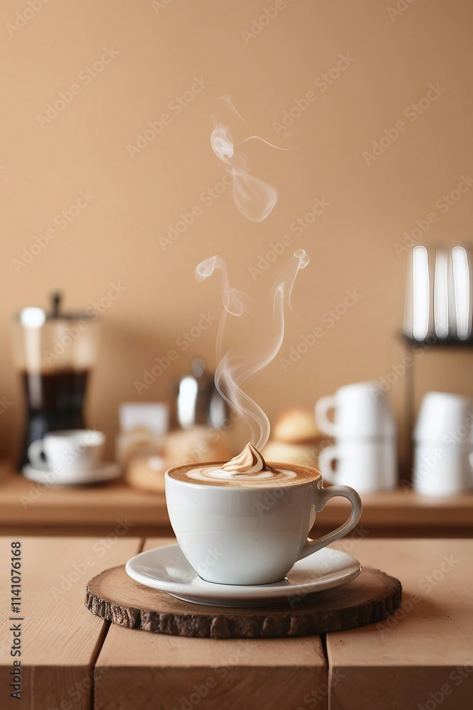 Fototapeta premium Warm and charming scenes from coffee shops, steaming cups of coffee decorated with cream swirls on the table, steam swipes from cups, soft golden lights and coffee beans