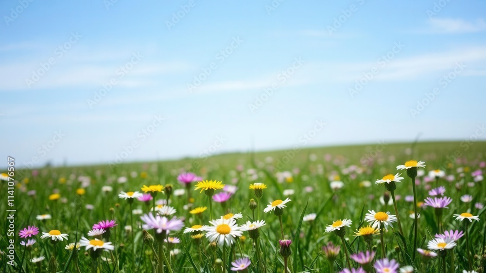 Field filled with vibrant yellow dandelions against a clear blue sky, landscape, grass Field filled with vibrant yellow dandelions against a clear blue sky, landscape, grass