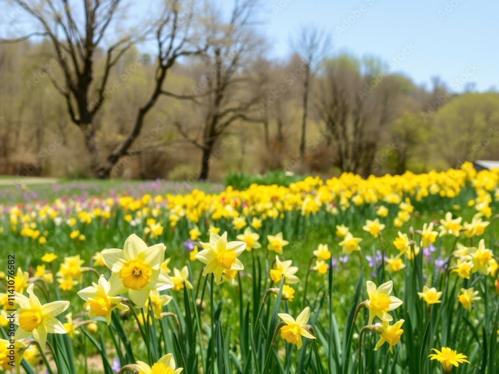 Field of vibrant yellow daffodil flowers in full bloom under a clear blue sky, countryside, natural, floral Field of vibrant yellow daffodil flowers in full bloom under a clear blue sky, countryside, natural, floral