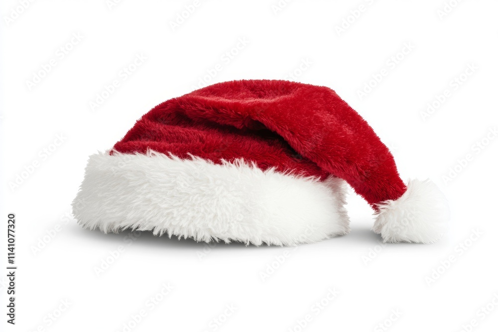 A lifelike photograph of a red Santa Claus hat adorned with a white pompom, standing out against a white backdrop A lifelike photograph of a red Santa Claus hat adorned with a white pompom, standing out against a white backdrop