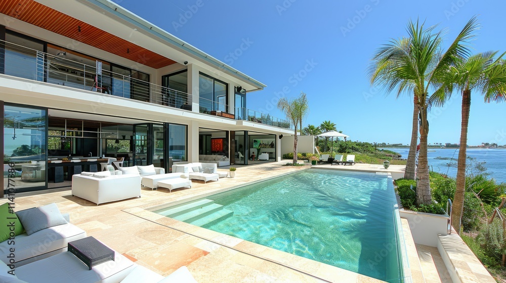 Modern villa with a pool overlooking a serene landscape. Modern villa with a pool overlooking a serene landscape.