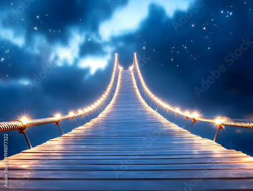 Illuminated suspension bridge extending to a starry night sky above clouds.