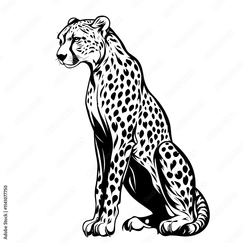 Sitting cheetah, black and white illustration. Sitting cheetah, black and white illustration.