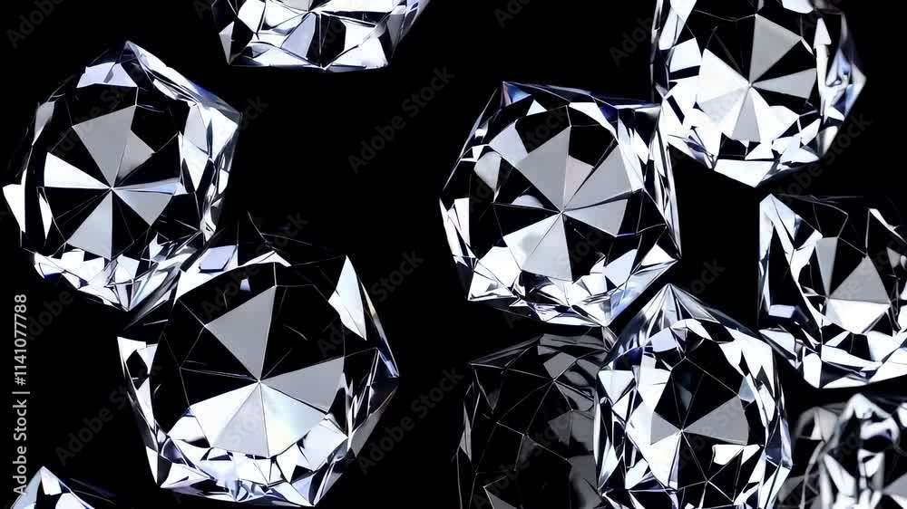 Falling Faceted Crystals in Slow Motion on Black Background
