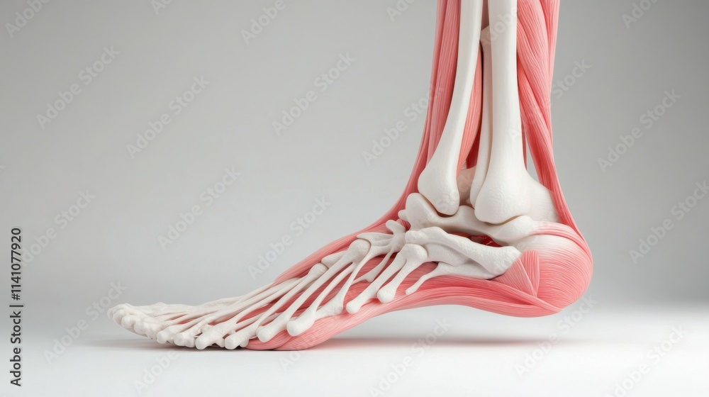 This 3D anatomy model illustrates the human foot's intricate structure, highlighting bones, muscles, and tendons, ideal for educational settings and medical studies This 3D anatomy model illustrates the human foot's intricate structure, highlighting bones, muscles, and tendons, ideal for educational settings and medical studies
