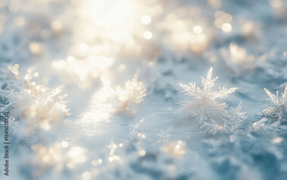 A frosty festive background with softly glowing ice crystals and shimmering snowflake shapes on a bright white surface A frosty festive background with softly glowing ice crystals and shimmering snowflake shapes on a bright white surface