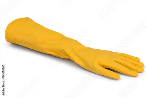 A lone hand adorned with a disposable rubber latex glove set against a white backdrop