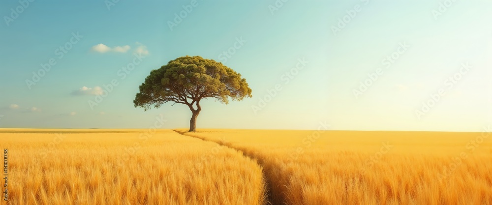 Obraz premium Single tree in a wheat field under a clear blue sky.Tranquil landscape, peaceful nature, outdoor escape, farmland scenery, environmental inspiration.Natural beauty.