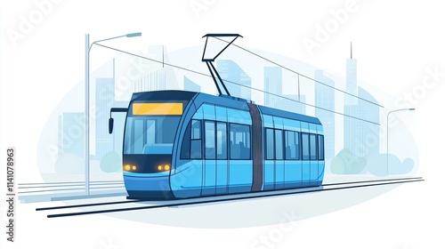 A blue tram on tracks in a modern urban setting with a city skyline in the background.