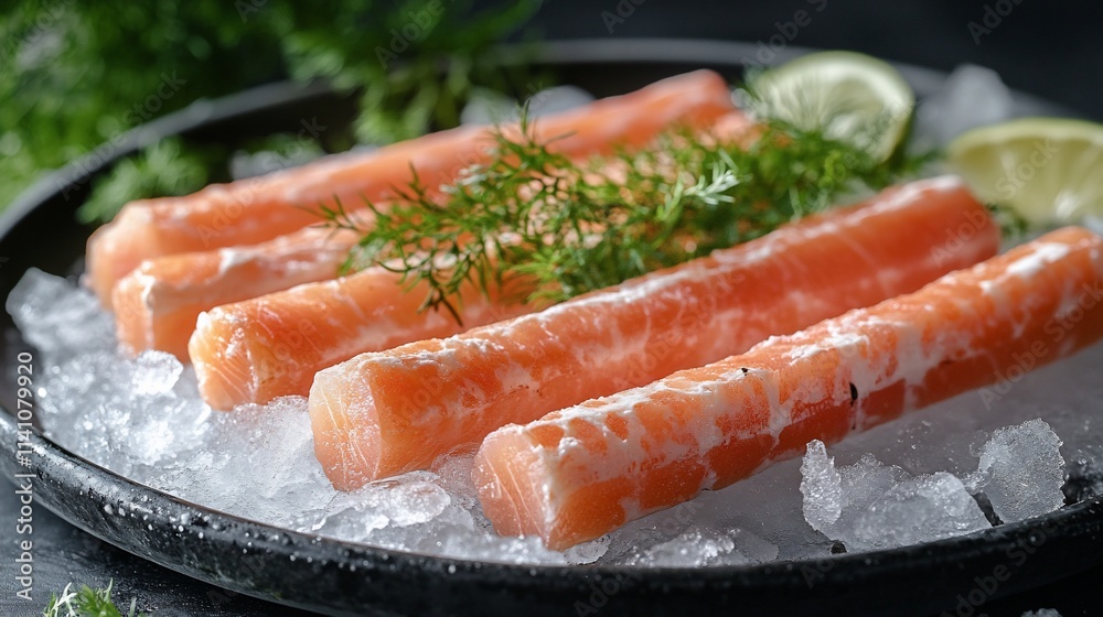Fresh salmon sticks on ice, garnished with dill and lime. Fresh salmon sticks on ice, garnished with dill and lime.