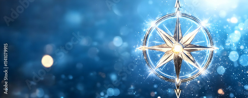 Glowing silver compass rose on blue bokeh background.