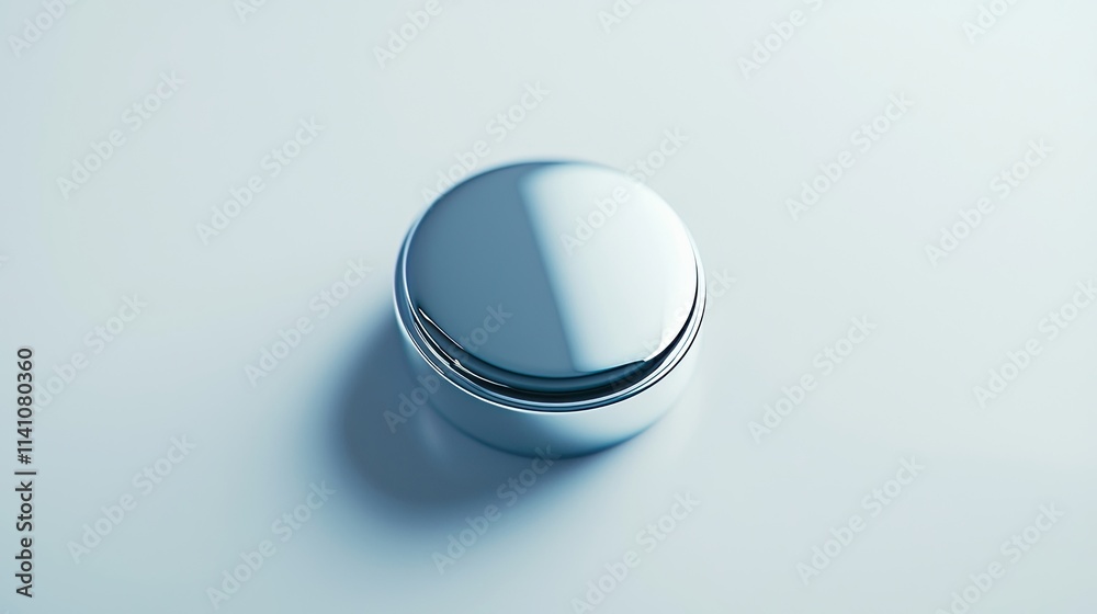 A sleek, shiny round container on a light surface, suggesting storage or packaging. A sleek, shiny round container on a light surface, suggesting storage or packaging.