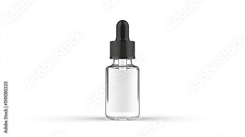 A clear glass dropper bottle with a black cap, typically used for liquids or serums.