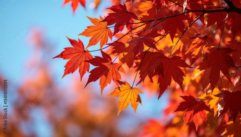 Autumn tree branches with bright red and orange leaves against the blue sky.Fall season. Change. Nature's beauty.Autumn season, landscape photography, seasonal decor, greeting cards, nature background Autumn tree branches with bright red and orange leaves against the blue sky.Fall season. Change. Nature's beauty.Autumn season, landscape photography, seasonal decor, greeting cards, nature background