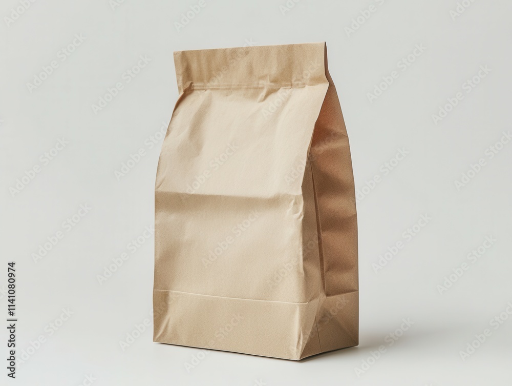 Blank kraft paper lunch bag stands upright against a minimal white backdrop. Ideal for showcasing custom designs, logos, or branding concepts in a clean, simple setting Blank kraft paper lunch bag stands upright against a minimal white backdrop. Ideal for showcasing custom designs, logos, or branding concepts in a clean, simple setting