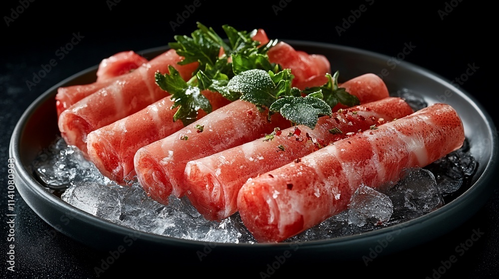 Thinly sliced red meat rolls on ice, garnished with herbs. Thinly sliced red meat rolls on ice, garnished with herbs.