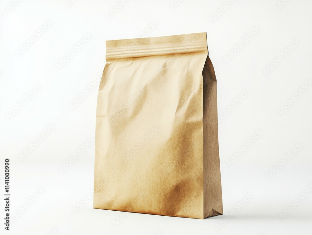 Blank kraft paper lunch bag stands upright against a minimal white backdrop. Ideal for showcasing custom designs, logos, or branding concepts in a clean, simple setting Blank kraft paper lunch bag stands upright against a minimal white backdrop. Ideal for showcasing custom designs, logos, or branding concepts in a clean, simple setting