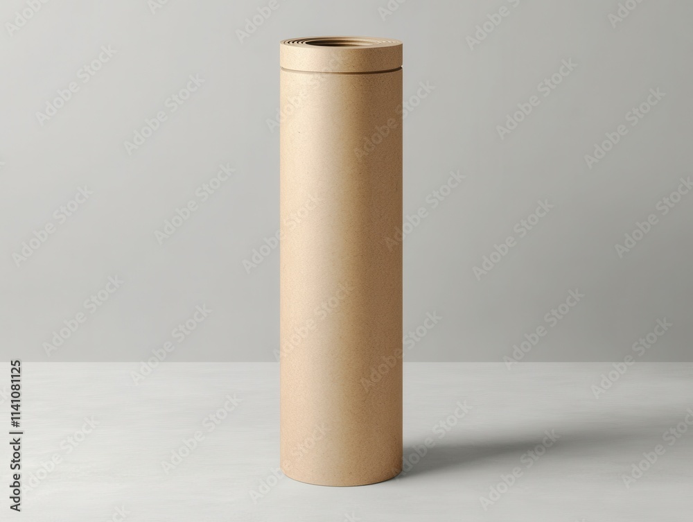 This kraft paper tube mockup stands upright against a clean light grey surface, featuring a smooth, untextured design. Ideal for showcasing branding or artistic concepts This kraft paper tube mockup stands upright against a clean light grey surface, featuring a smooth, untextured design. Ideal for showcasing branding or artistic concepts