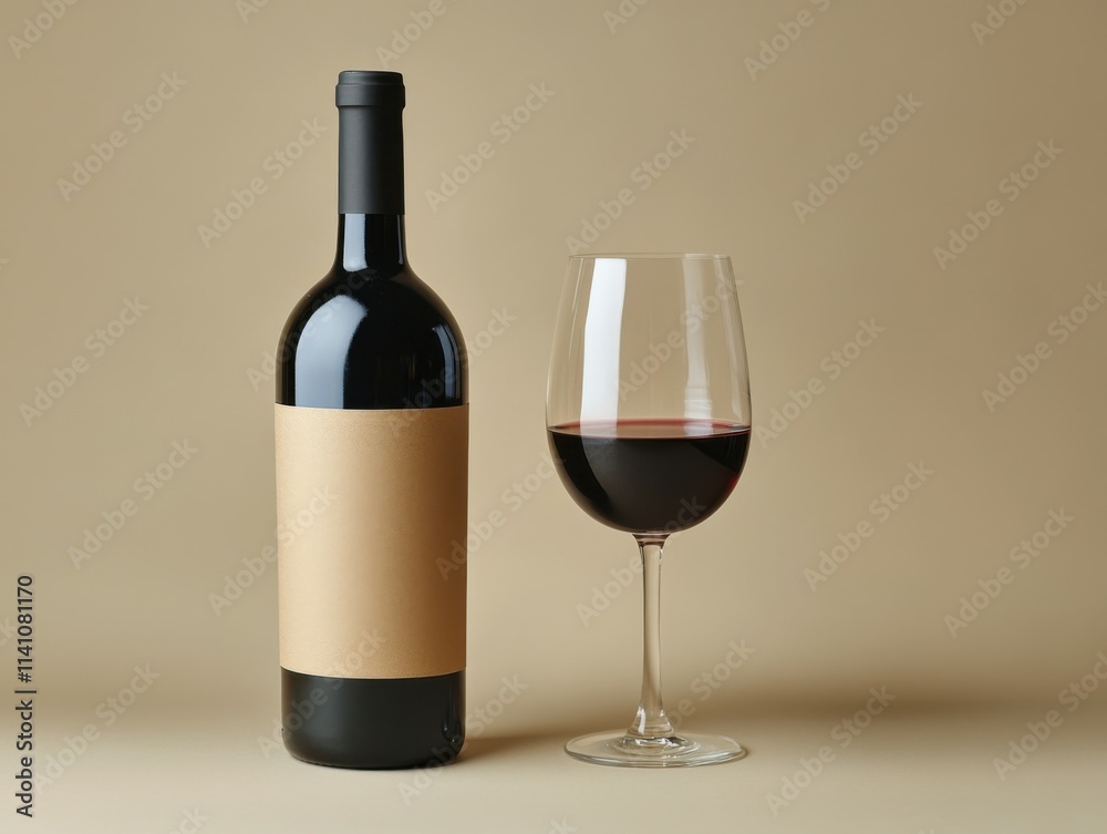 A blank kraft paper wine bottle sleeve is displayed alongside a wine glass filled with red wine. The soft matte background enhances the rustic and elegant presentation, ideal for design ideas A blank kraft paper wine bottle sleeve is displayed alongside a wine glass filled with red wine. The soft matte background enhances the rustic and elegant presentation, ideal for design ideas