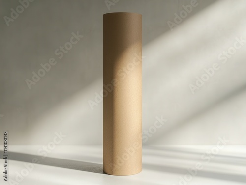 This kraft paper tube mockup stands upright against a clean light grey surface, featuring a smooth, untextured design. Ideal for showcasing branding or artistic concepts photo