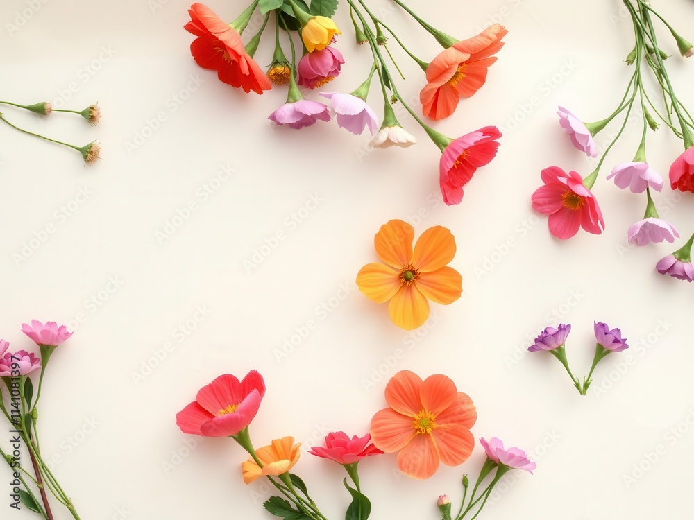Beautiful spring flowers in full bloom laid out on a paper background, background, paper, blooming Beautiful spring flowers in full bloom laid out on a paper background, background, paper, blooming