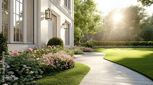 Sonnendurchfluteter, eleganter europäischer Garten mit gepflegten Hecken photo