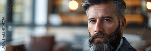 Confident Man with Well-Groomed Beard Reflecting Sophistication in Modern Setting